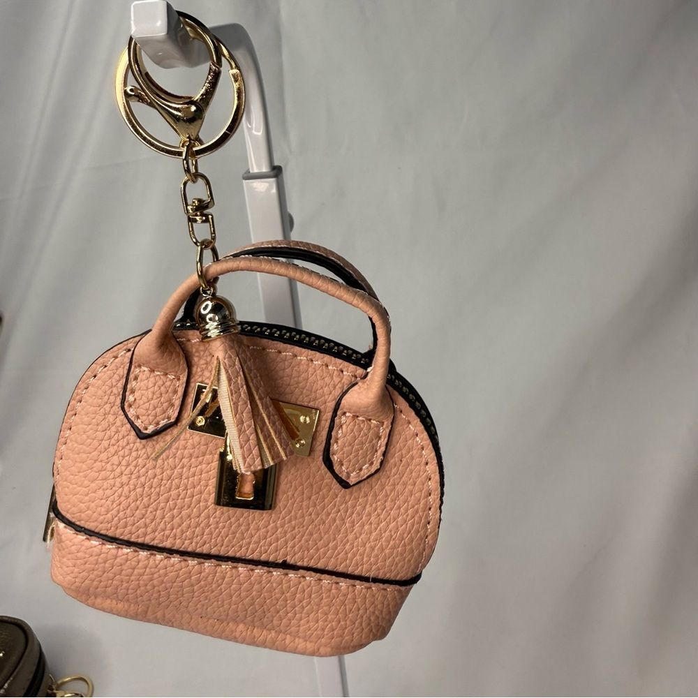 Mini Pink Bag Key Holder FOB Bag Charm with Gold Tone Lock Details